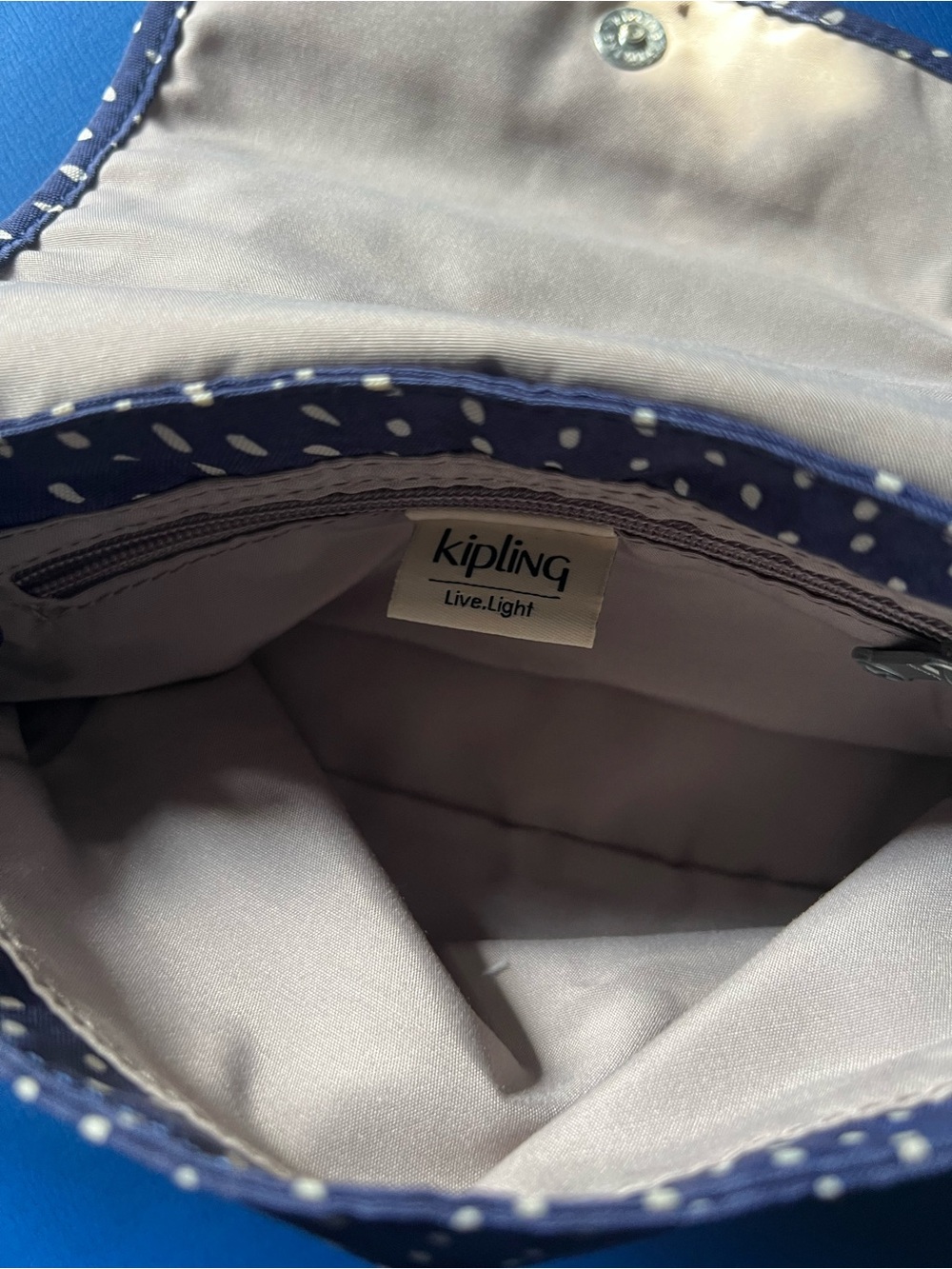 Kipling Navy Polka Dot Crossbody with Cream Trim. - Picture 7 of 11